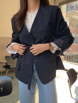 [Tie set] Oversized Collarless Jacket Belt Jacket Loose Fit V-Neck Seasonal Switch Spring Outerwear