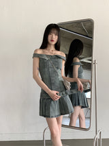 Raphim Off Shoulder Low Belt Pleated Mini One Piece