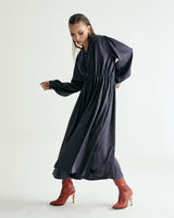 V-NECK CREASE SHIRRING ONEPIECE - DARK GRAY (6635995660406)