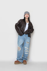 クロップレザーカーディガン / Crop leather cardigan