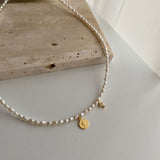 淡水パールコインクロスレイヤードチョーカーネックレス/daco Silver 925 Fresh Water Pearl Coin Cross Layered Choker Necklace