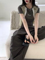 エンバースポーティ配色ラウンド半袖Tシャツ/ Enver sporty color matching round short-sleeved T-shirt