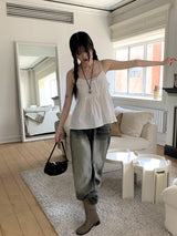 ウィサーウォッシングロングワイドデニムパンツ/ Whiser Washing Long Wide Denim Pants