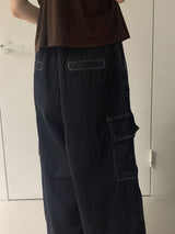 シャイナットバックバンディングヘムボタンドゥカーゴデニムパンツ