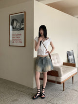 ローバエンボスパールボタン半袖ブラウス / Roba Embossed Pearl Button Short Sleeve Blouse