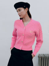 V NECK CABLE CARDIGAN LIGHT PINK
