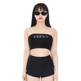 キュービックレタリングロゴチューブトップブラトップ/cubic lettering logo tube bra top (black)