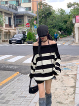 Dolche Boxy Striped Off-Shoulder Long-Sleeved Knitwear