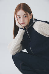 ボウクル2WAYジップアップニット / Boucle 2way Zip-up Knit [Navy]
