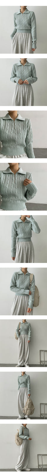 ビーズツイストパターンカラーハーフジップアップニットウェア / Bead Twisted Doughnut Patterned Collar Half Zip-up Knitwear