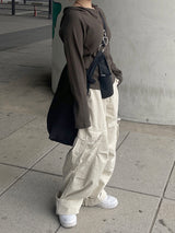 バイオウォッシングコットンワイドクリームカーゴパンツ / Bio-washing Cotton Wide Cream Cargo Pants