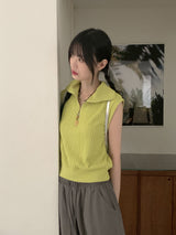 Miout Linen Twisted Collar Half Zip-up Sleeveless Vest