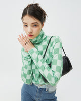 CHECKER BOARD TURTLENECK KNIT-GREEN (6605055098998)