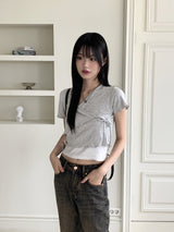 Juri Ruffle Ribbon Wrap Strap Cropped Short Sleeve T-shirt