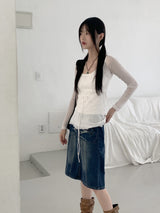 Pchiron see-through ribbon strap long-sleeve blouse