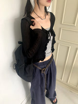Lityu Trans-season frill strap see-through long-sleeved cardigan