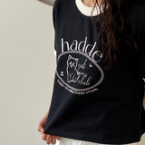 キャットビンテージピンクプリントセミクロップTシャツ / CAT VINTAGE DRAWING PINK PRINTING SEMI CROP T-SHIRTS BLACK