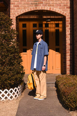 ベースボール刺繍ユニセックス半袖シャツ / Baseball Grand Embroidery Short-Sleeved Unisex Denim Shirt
