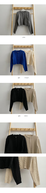 ツイストドーナツパターンクロップドニットジップアップ / Twisted Doughnut Patterned Cropped Knit Zip-Up