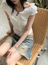 ローバエンボスパールボタン半袖ブラウス / Roba Embossed Pearl Button Short Sleeve Blouse