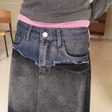 Toojen Unique Coloring Layered Back-Slit Washed Denim Long Skirt