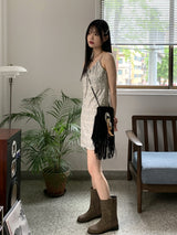 ルーツフラワーシャーリングリボンキャミミニワンピース / Roots Flower Shirring Ribbon Sleeveless Mini One Piece
