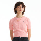 スモールチェリーケーブルクロップ丈のショットスリーブニット／SMALL CHERRY CABLE CROP SHORT SLEEVE KNIT [SALMON PINK]