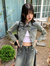 ルンマビンテージウォッシュドスリムクロップデニムジャケット