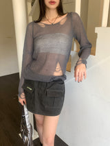 Uro see-through damage slim long sleeve knit