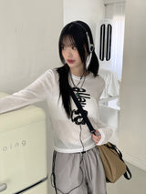 Fain lettering see-through linen long-sleeved T-shirt
