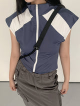 スポーツセミクロップベストジップアップ/Slon  Sporty Color Semi-Crop Short-Sleeved Vest Zip-Up