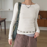 Chiss shirring layered diagonal off-shoulder long sleeve t-shirt