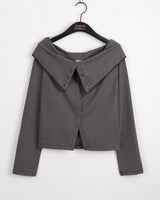 Willin ストライプ ボタン スリット オフショルダー T シャツ