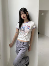 アンサーウサギプリント配色バインディングクロップ半袖Tシャツ/Answer Rabbit Print Color Matching Binding Cropped Short Sleeve T-shirt