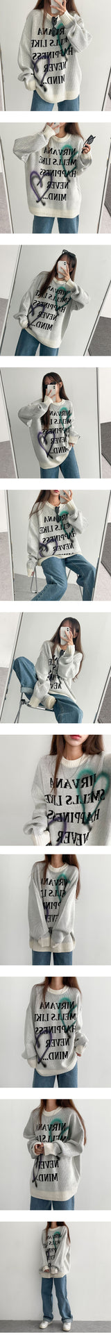 ハート, ヒップ, ビンテージ, レターリング, ボクシー, ラウンドニットウェア