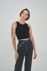 ボタンドストレートデニムジーンズ / BUTTONED STRAIGHT BLACK GRAY DENIM JEAN [6879]
