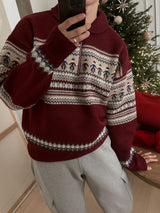 メリークリスマスウール40%セミジップアップニット