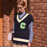 ライトグリーンCパッチvネックニットベストユニセックス / Light Green C Patch V-neck Navy Knitwear Vest