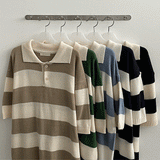 ムーンストライプボタンカラーニットウェア / Moon's Striped Button Collar Knitwear