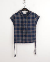 テユストリングシャーリングリネンチェックフードシャツカミス / Teyu String Shirring Linen Check Hooded Shirt Camis