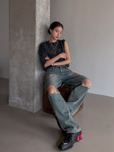 (UNISEX) ダメージチェッカーワイド デニム