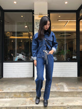 SEMI-WIDE FIT STRING POINT DARK DENIM PANTS [17708]