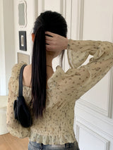 シフォンフラワーリボンストリング長袖ブラウス / Pyuti Chiffon Flower Ribbon String Long-Sleeved Blouse
