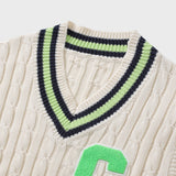 ライトグリーンCパッチvネックニットベストユニセックス / Light Green C Patch V-neck Ivory Knitwear Vest