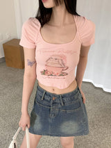 ラニルラグランラビットプリントクロップ半袖Tシャツ / Ranil Raglan Rabbit Printing Crop Short Sleeve T-Shirt
