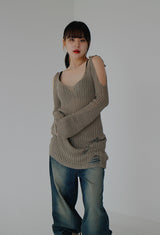 リボンオープンショルダーニット / Ribbon Open Shoulder Knit (4color)