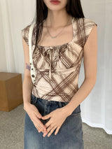 Catcher String Checker Square Neck Crop Short-Sleeve T-Shirt