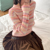 Huretz Wool Mix Stripe Coloring Crop Long-Sleeved Knit