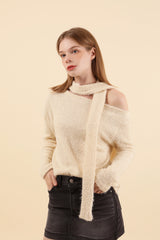 Off Shoulder Muffler Knit Set Cream