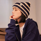 Square Label Stripe Crochet Beanie / Navy